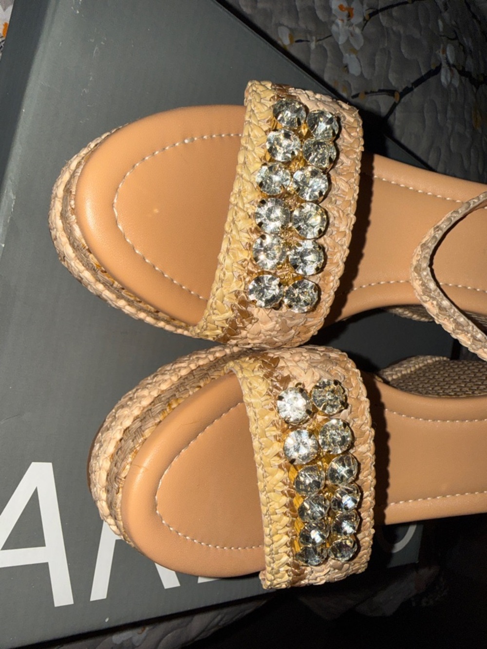 Braided Tan Wedge Sandals with Crystal Strap - Picture 3 of 12